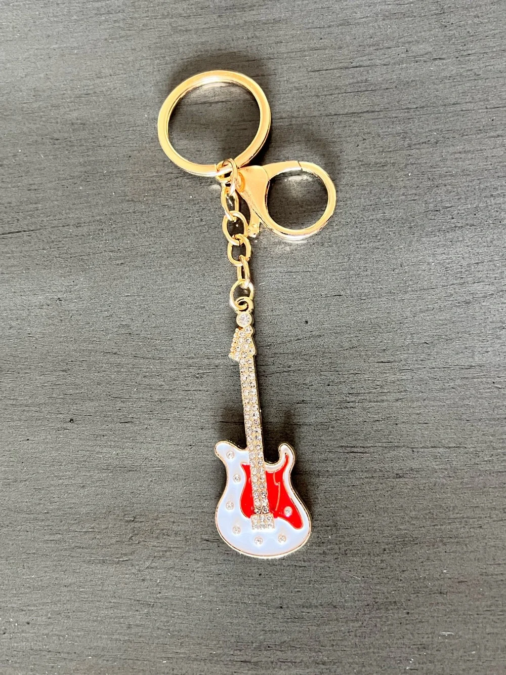 Red & White Enamel Electric Guitar Rhinestone Gold Keychain 3.5